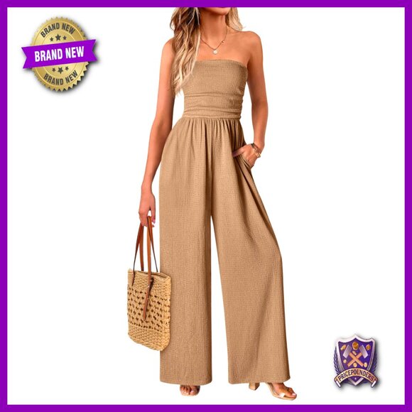 Strapless Smocked Jumpsuit Wide Leg Pants with Pockets Summer Romper